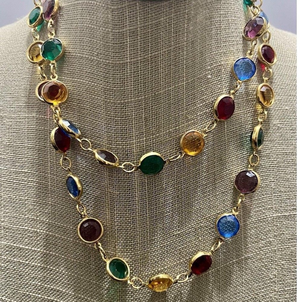 Austrian  Crystal USA Vintage Multicolor Station Necklace Gold Tone